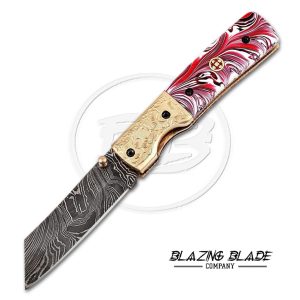 Damascus Steel Resin Handle Liner Lock Folding Knife with Sheath | 3110