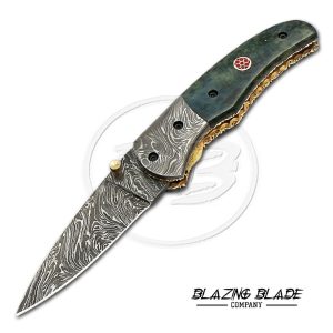 Damascus Steel Green Bone Handle Liner Lock Folding Knife with Sheath | 3111