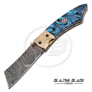 Damascus Steel Blue Resin Handle Liner Lock Folding Knife with Sheath | 3112