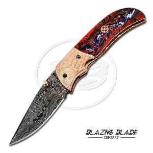 Damascus Steel Resin Handle Liner Lock Folding Knife with Sheath | 3113