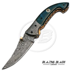 Damascus Steel Green Bone Handle Liner Lock Folding Knife with Sheath | 3114