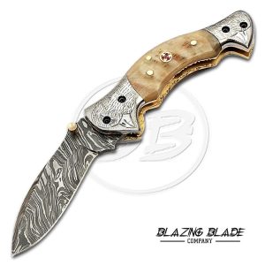 Damascus Steel Ram Horn Handle Liner Lock Folding Knife with Sheath | 3116