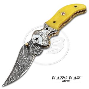 Damascus Steel Yellow Resin Handle Liner Lock Folding Knife with Sheath | 3117