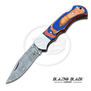 Damascus Steel Hard Wood Handle Back Lock Folding Knife with Sheath | 3118