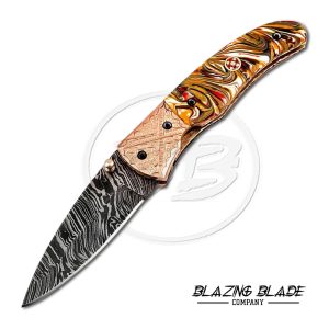 Damascus Steel Resin Handle Liner Lock Folding Knife with Sheath | 3119