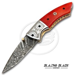 Damascus Steel Red Resin Handle Liner Lock Folding Knife with Sheath | 3120