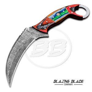 Damascus Steel Hardwood Handle Karambit Knife with Sheath | 3123