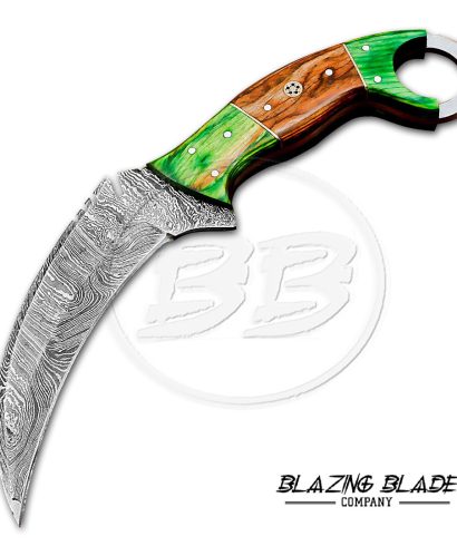 Damascus Steel Hardwood Handle Karambit Knife with Sheath | 3124