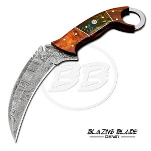 Damascus Steel Resin & Rosewood Handle Karambit Knife with Sheath | 3125
