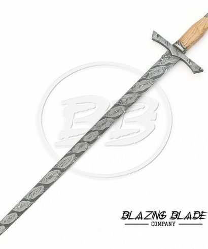 Handmade Damascus Steel Olivewood Handle Viking Sword with Leather Sheath | 3126